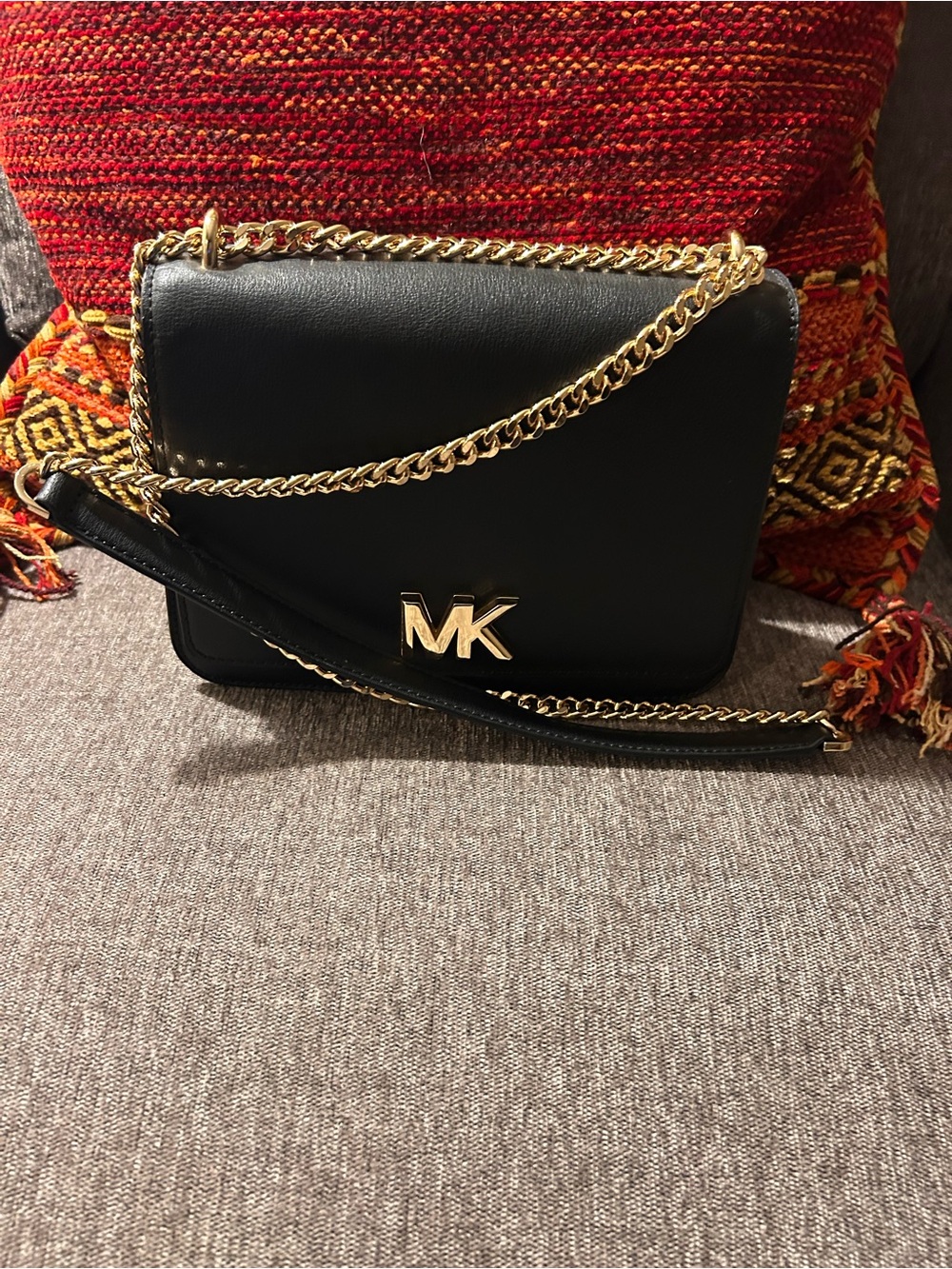 Michael Kors Black Leather Crossbody with Gold Chain